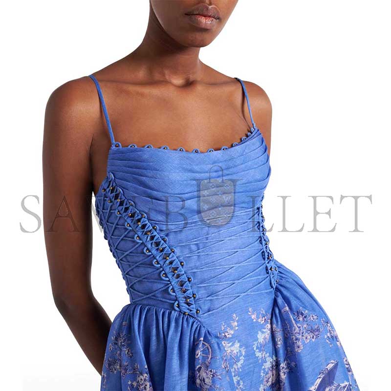 ZIMMERMANNREBELLION LACE-UP EMBELLISHED PLEATED GATHERED PRINTED LINEN AND SILK-BLEND MIDI DRESS P01129773